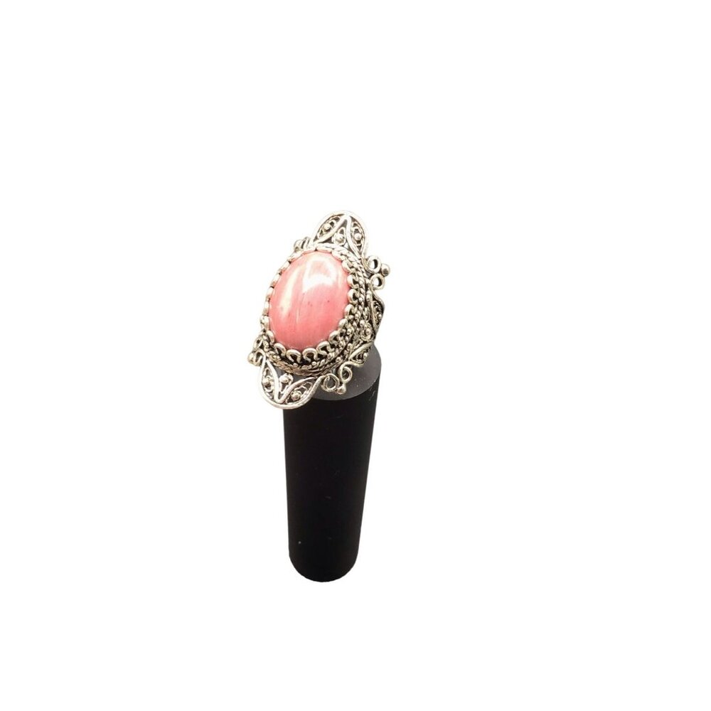 Rhodonite Ring Wide Elongated Bold Ornate Sterling Silver Setting Size 7